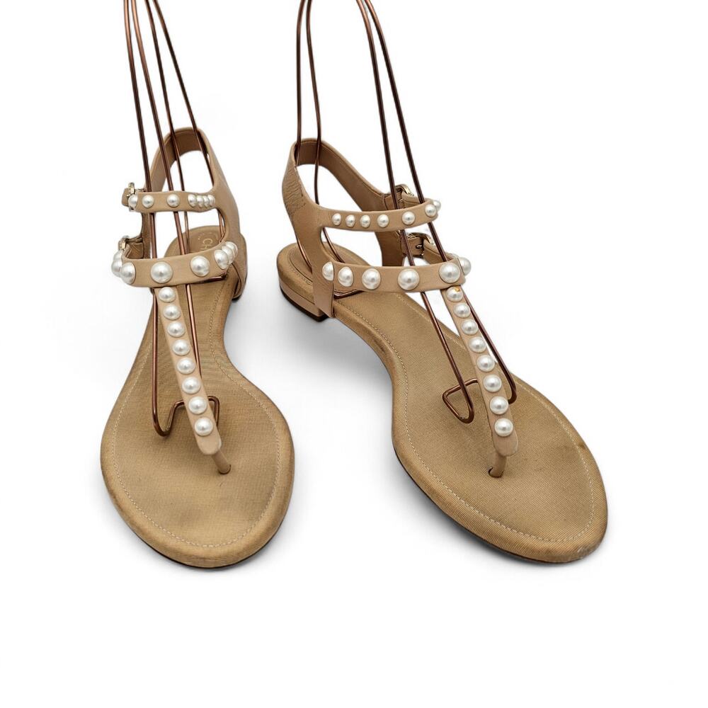 Chanel CC Pearl Flat T Strap Thong Sandal Beige Tan Leather Size 39.5 C US 8.5 9 - Picture 3 of 13